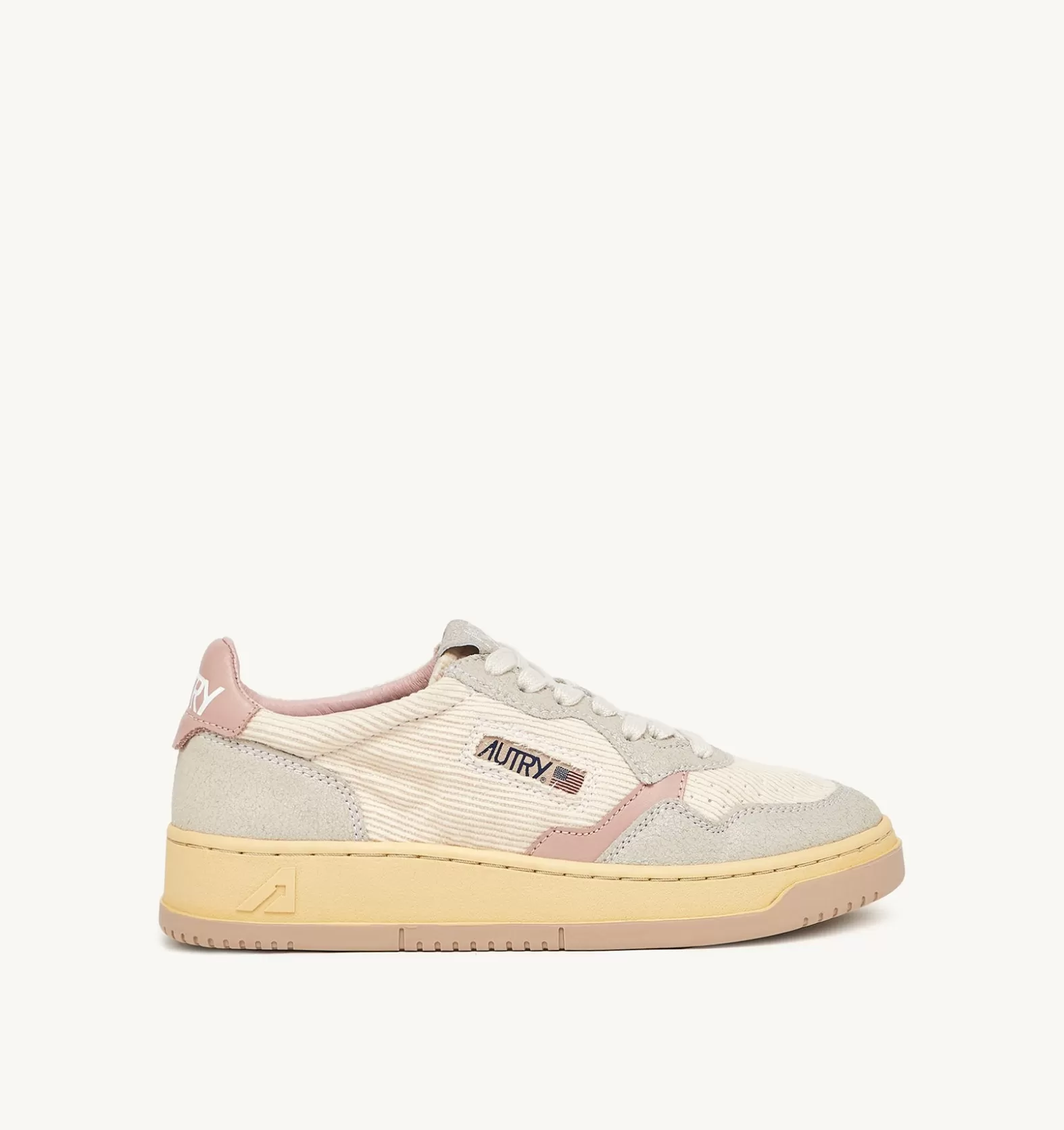 Medalist^AUTRY Medalist Low Sneakers In Ivory White Ribbed Velvet And Gray And Pink Leather