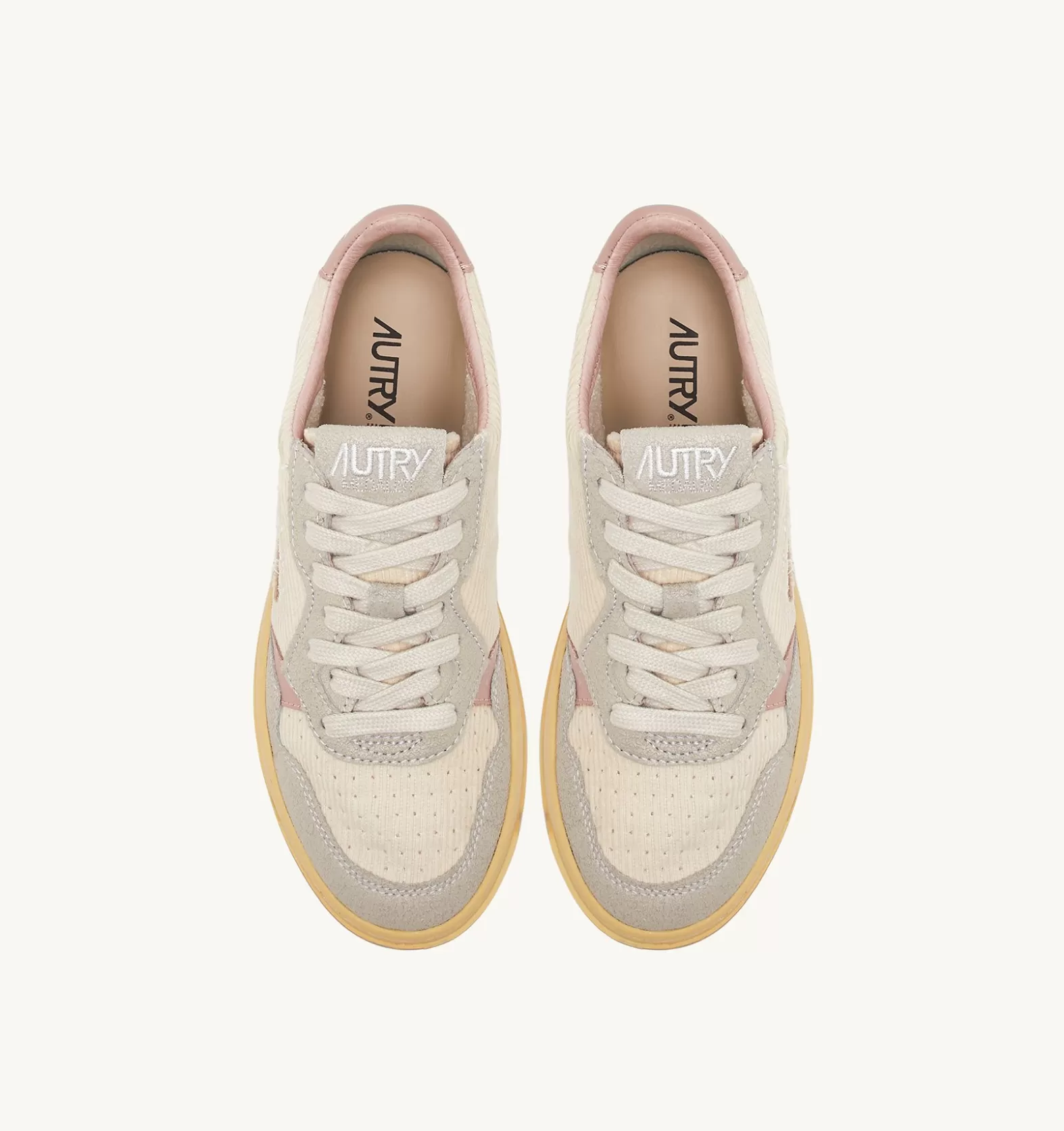 Medalist^AUTRY Medalist Low Sneakers In Ivory White Ribbed Velvet And Gray And Pink Leather