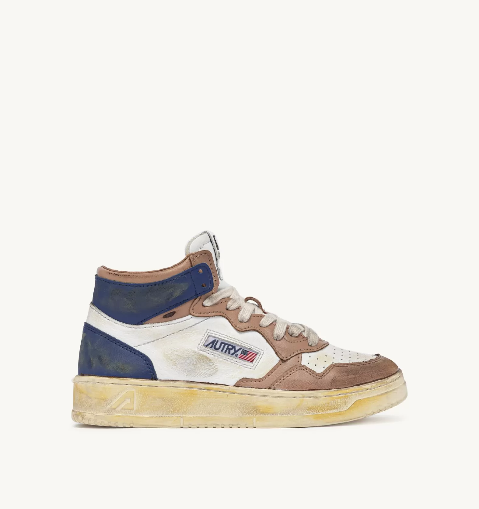 Super Vintage^AUTRY Medalist Super Vintage Mid Sneakers In Leather Color White Coffee Brown And Azure