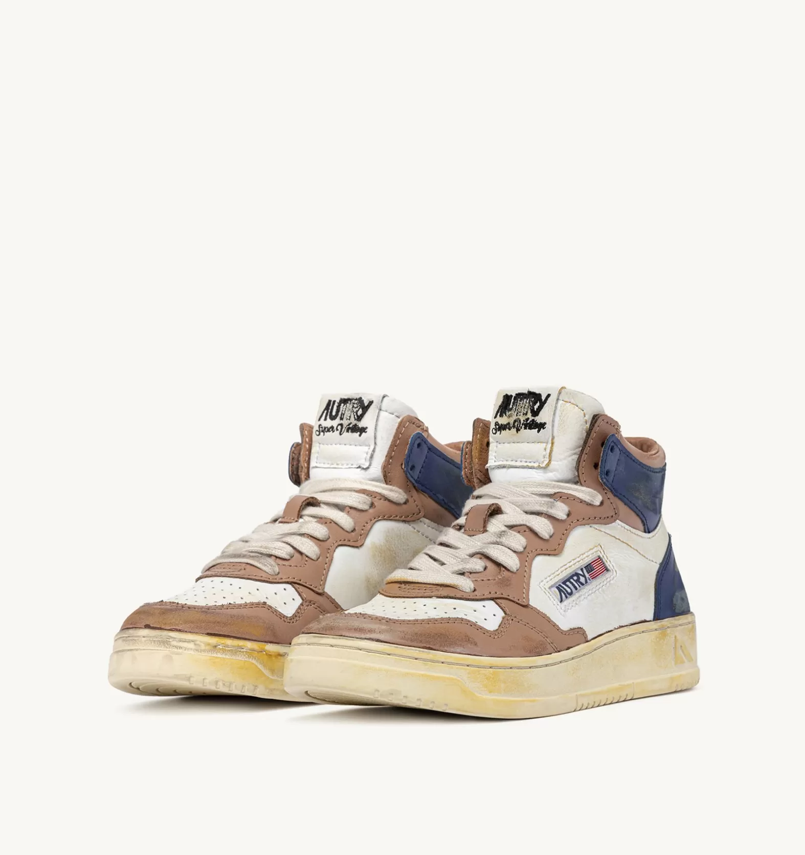 Super Vintage^AUTRY Medalist Super Vintage Mid Sneakers In Leather Color White Coffee Brown And Azure
