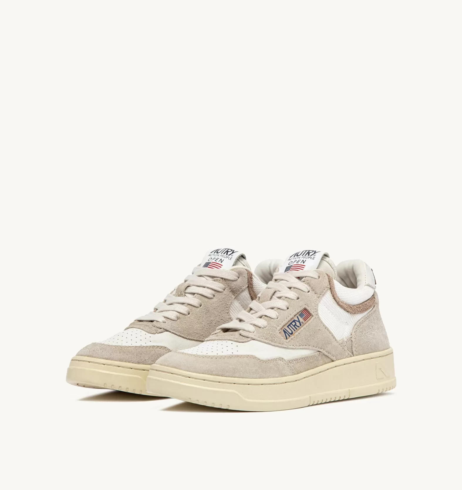Open^AUTRY Open Mid Sneakers In Goatskin Mesh And Suede Color White Ecru And Beige