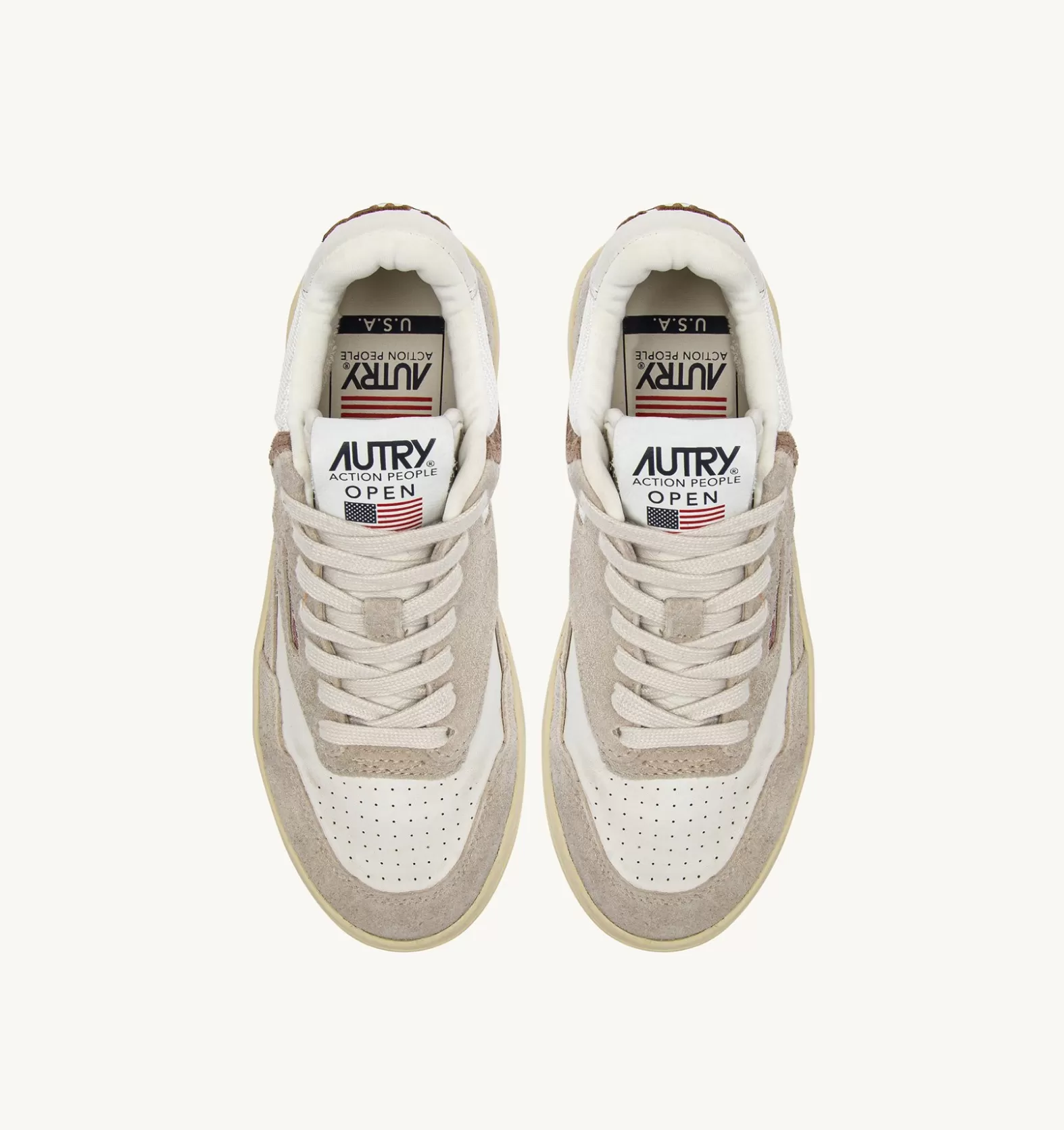 Open^AUTRY Open Mid Sneakers In Goatskin Mesh And Suede Color White Ecru And Beige