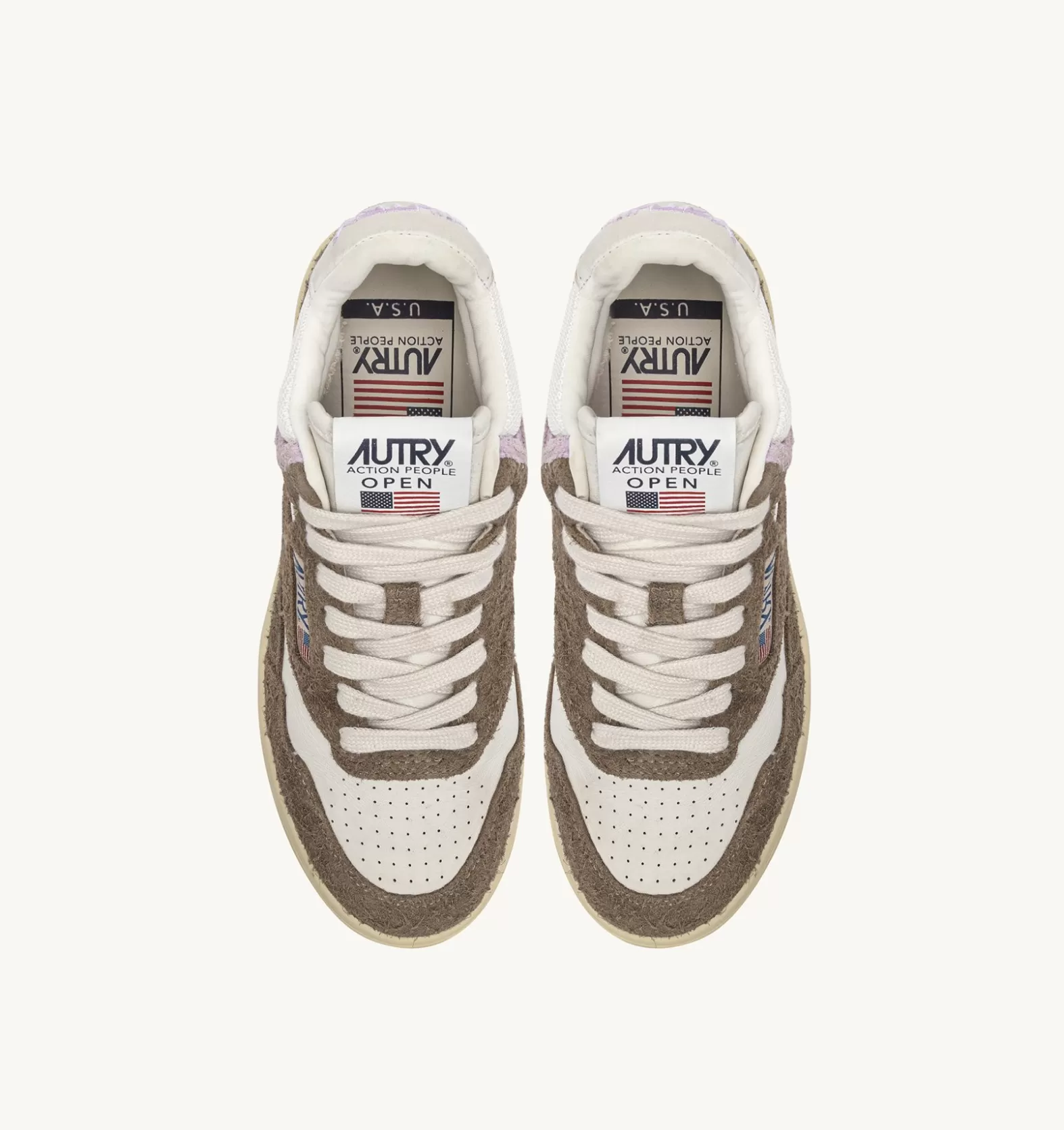 Open^AUTRY Open Mid Sneakers In Goatskin Mesh And Suede Color White Mud Brown And Lilac