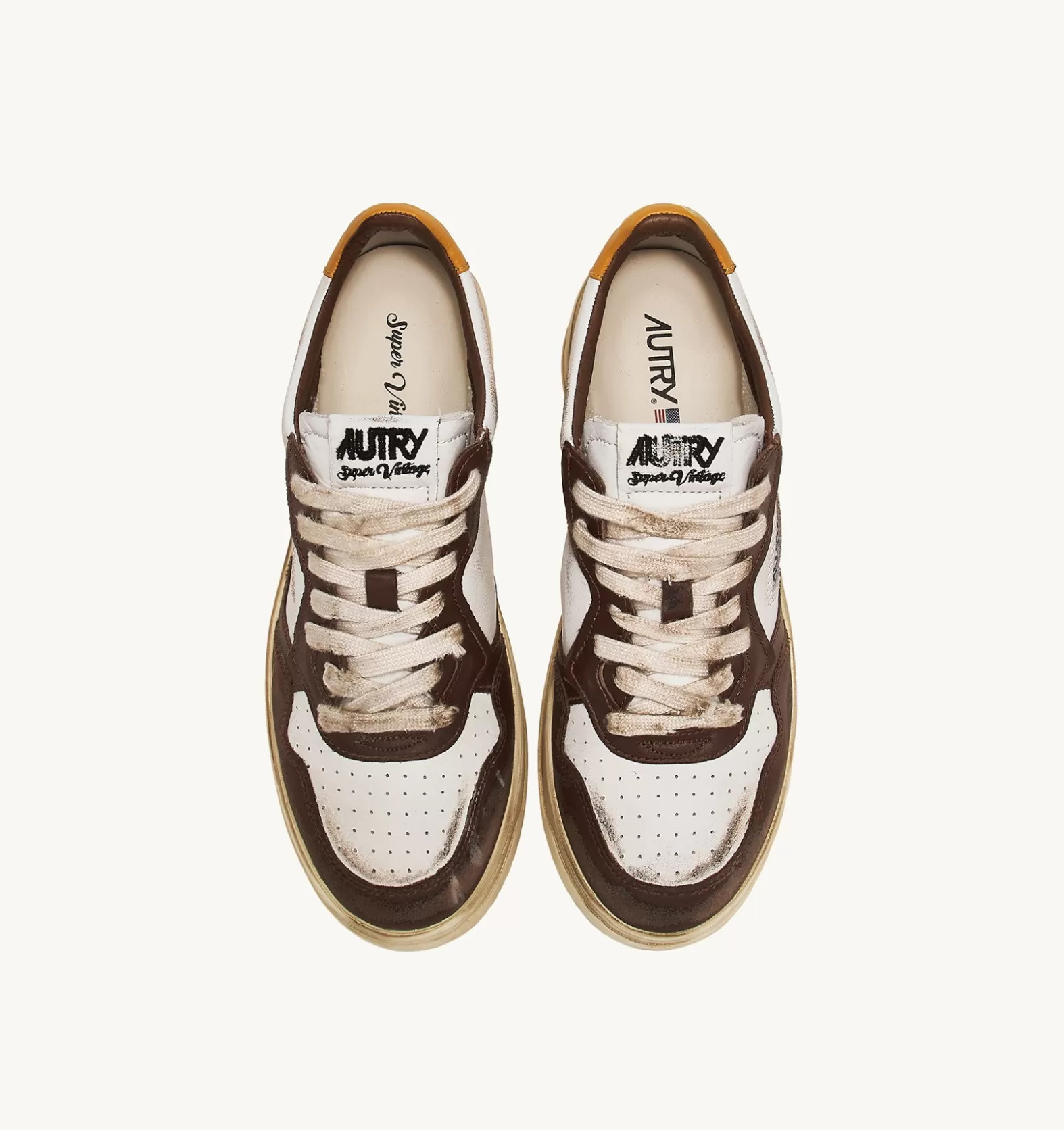 Super Vintage^AUTRY Super Vintage Low Sneaker In White, Brown And Honey Color Leather
