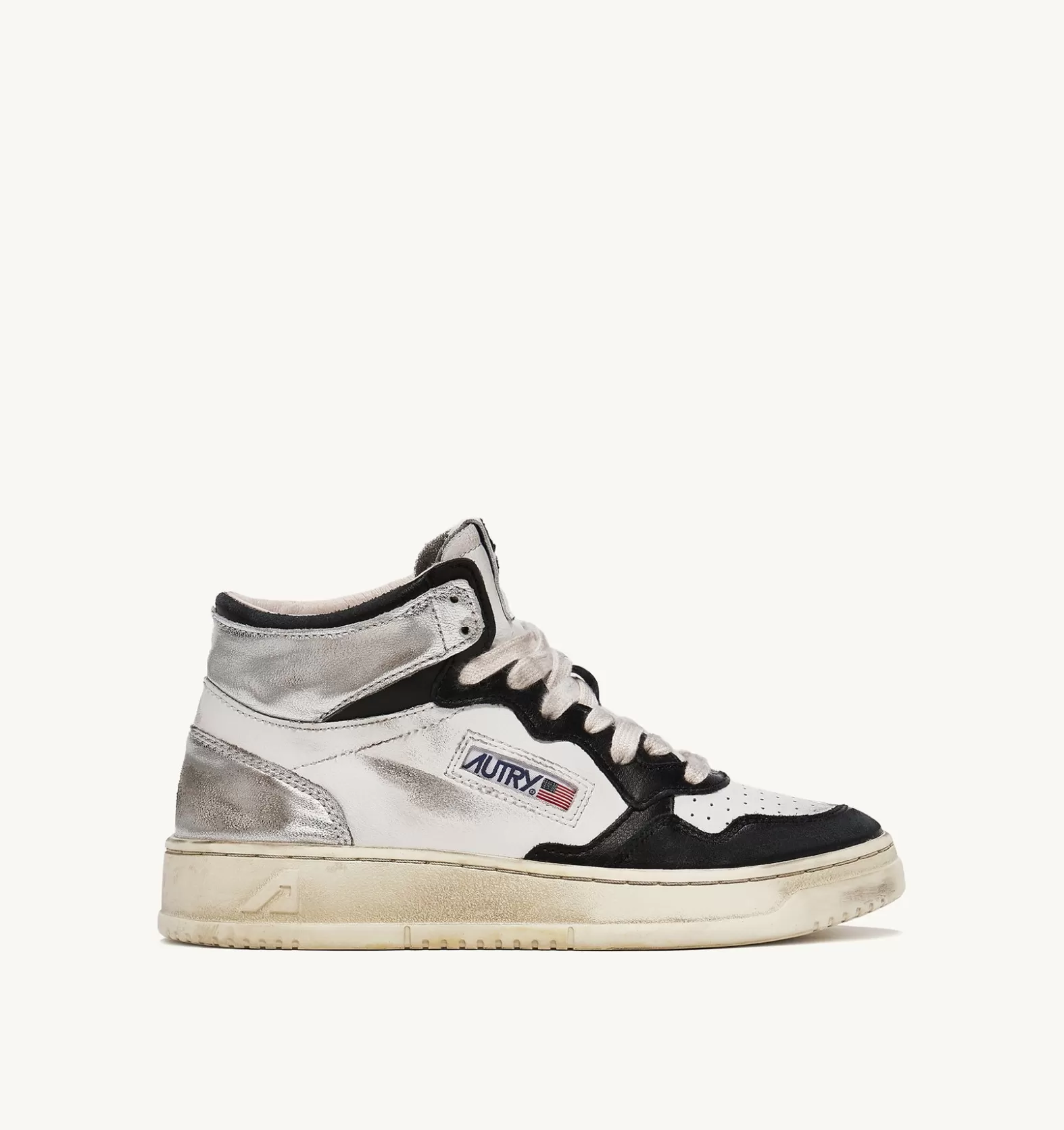 Super Vintage^AUTRY Super Vintage Mid Sneakers In Leather Color White Black And Silver