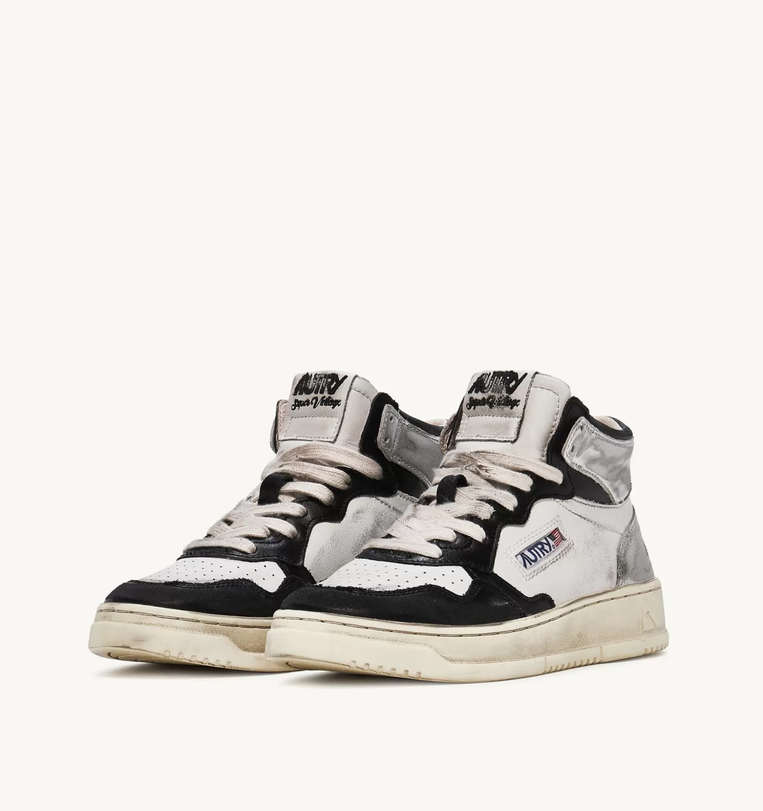 Super Vintage^AUTRY Super Vintage Mid Sneakers In Leather Color White Black And Silver