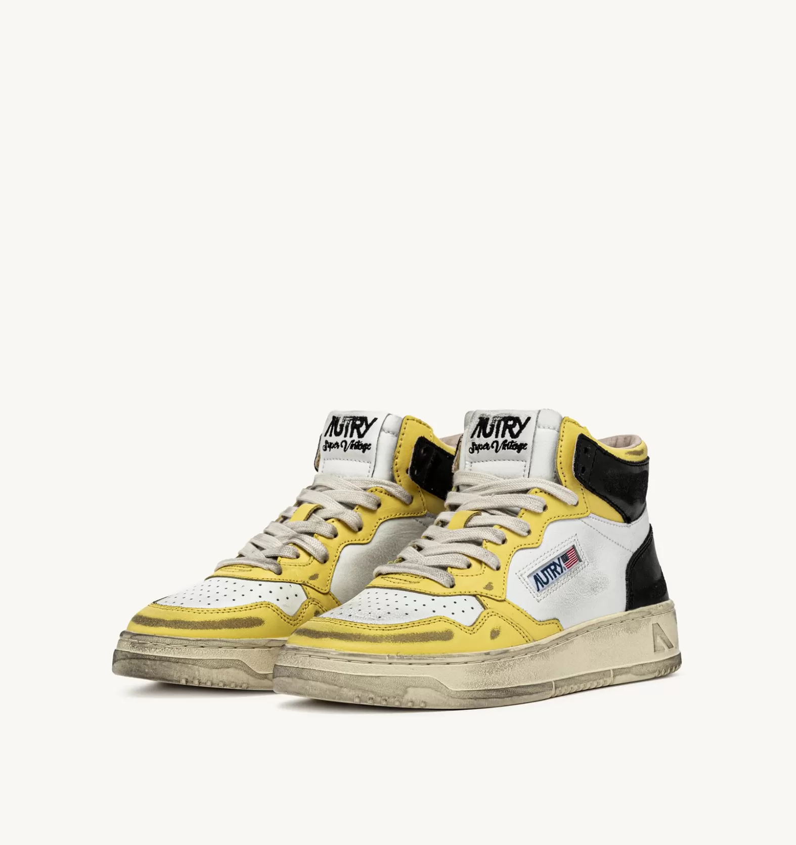 Super Vintage^AUTRY Super Vintage Mid Sneakers In Leather Color White Black And Yellow