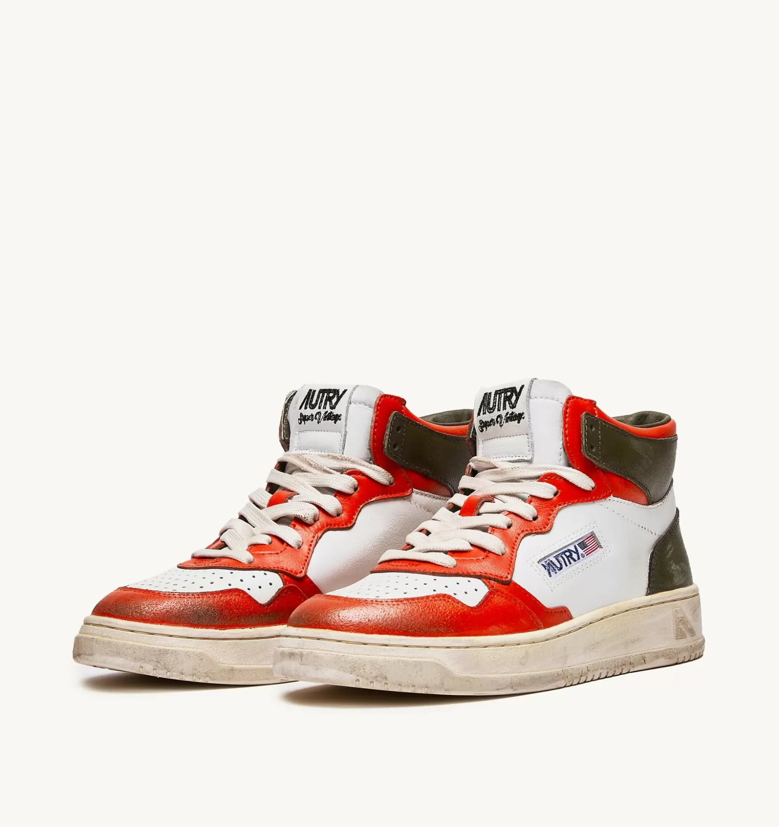 Super Vintage^AUTRY Super Vintage Mid Sneakers In Leather Color White Orange And Military Tone