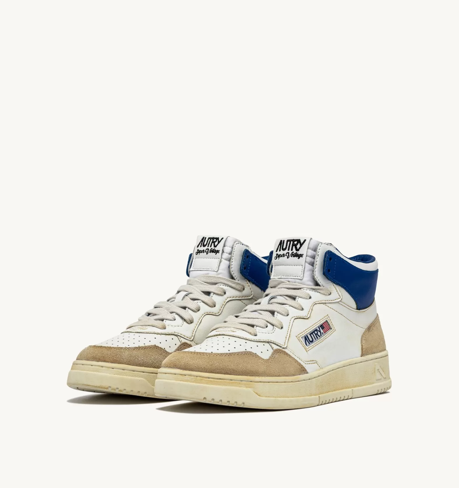 Super Vintage^AUTRY Super Vintage Mid Sneakers In Yellowing Effect Leather Color White And Blue