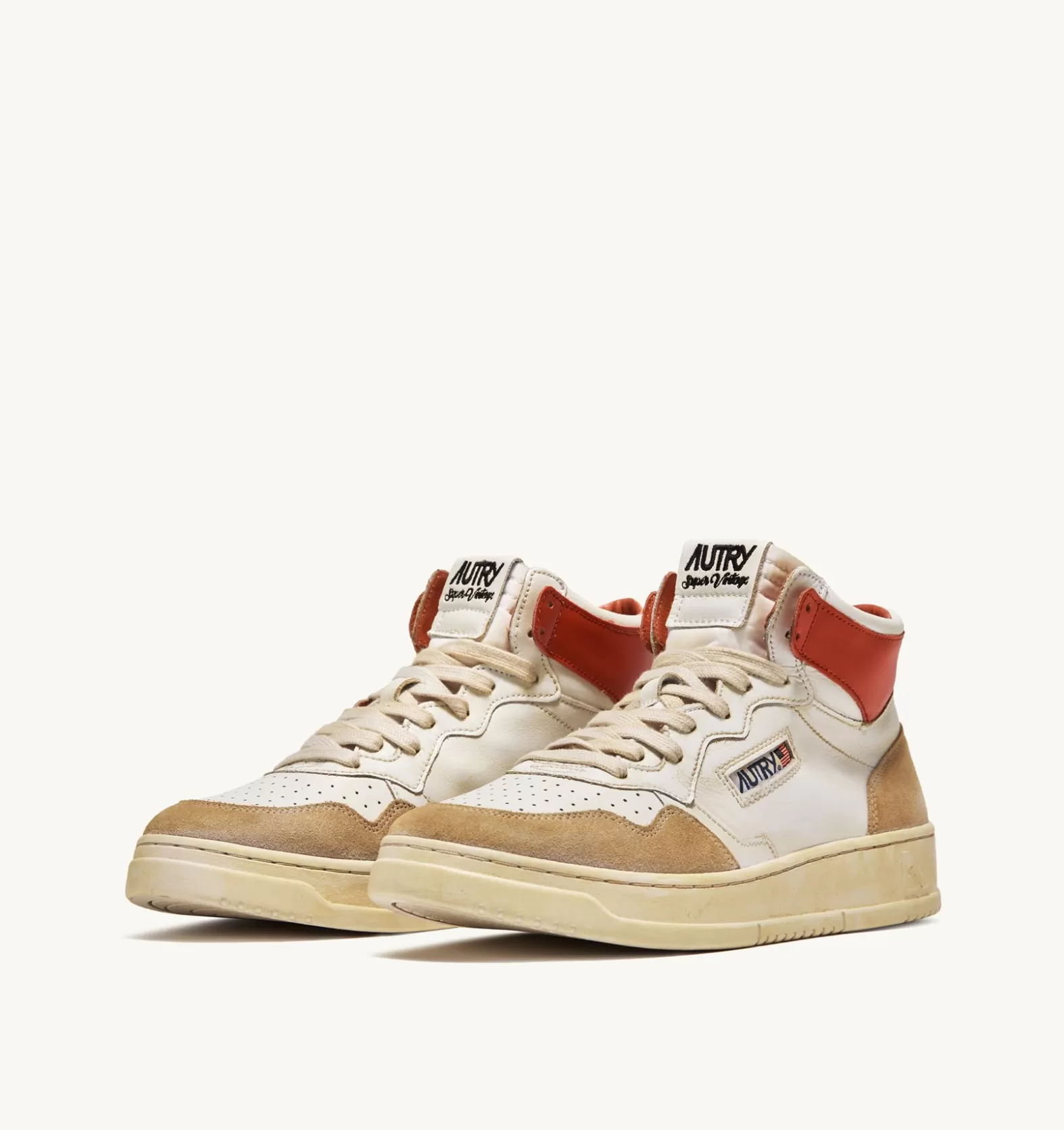 Super Vintage^AUTRY Super Vintage Mid Sneakers In Yellowing Effect Leather Color White And Orange